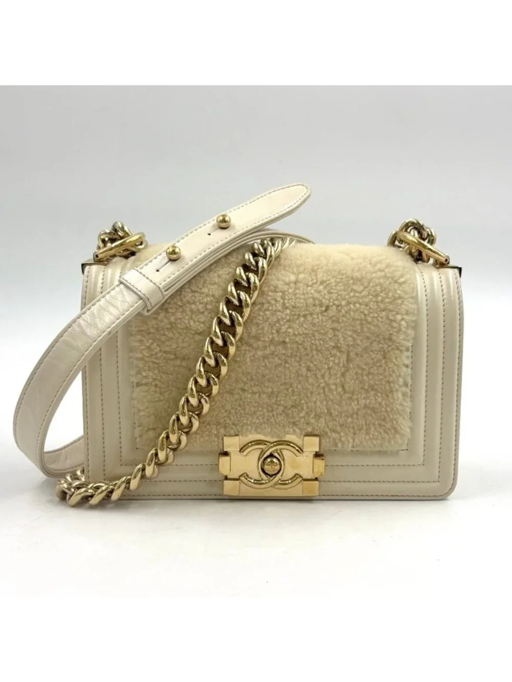 Chanel Boy Leather Shearling Ivory Chain Shoulder Bag Gold